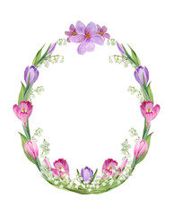 watercolor wreath, frame with bouquets of white lilies of the valley and crocuses