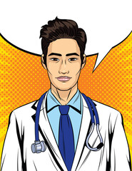 Color vector illustration in pop art style. Male doctor with a stethoscope around his neck. Portrait of a doctor of Asian appearance in a white uniform. Asian clinic promotion poster