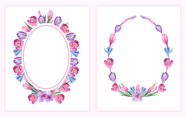 watercolor flower arrangement, frame, wreath with bouquets of spring crocuses
