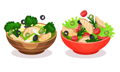 Fresh Salads in Bowl with Green Vegetables and Meat Vector Set