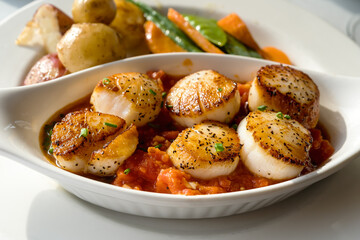 Freshly prepared sauteed scallops in a dish with tomato sauce and chives and a side of vegetables.