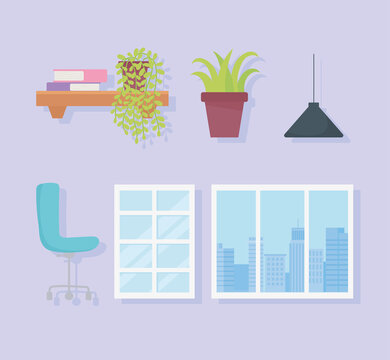 office workplace chair shef with books plant lamp and windows icons