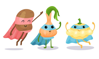 Funny Vegetables Wearing Superhero Cloak Vector Illustration Set