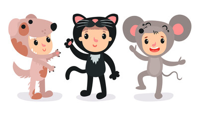 Cute Kid Characters Wearing Animal Costumes Vector Illustration Set