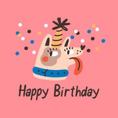 Birthday dog character in cone hat with Happy Birthday phrase. Party celebration concept. Vector clipart design