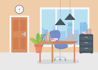 office workplace deks chair books cabinet door clock and hanging lamps