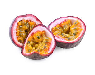 Isolated passionfruit. Collection of whole and cut passion fruits (maracuya) isolated on white background with clipping path