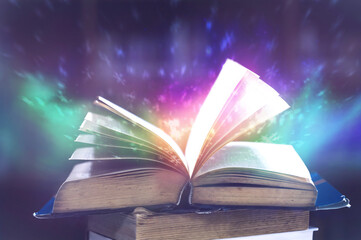 Imagine a picture book of an ancient book opened on a wooden table with a sparkling golden...