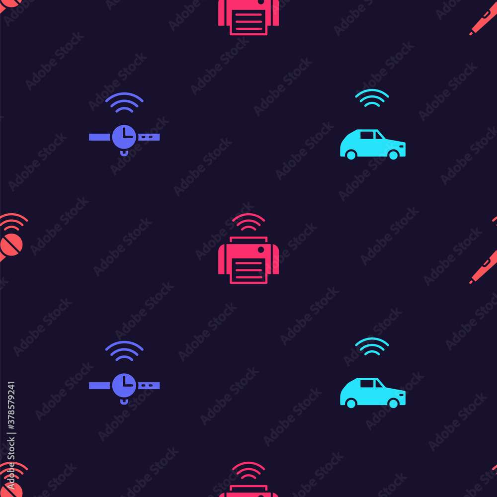 Poster set smart car system with wireless, smartwatch, printer and wireless microphone on seamless pattern.