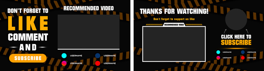 Youtube End Screen with orange design and orange lines. Youtube Video Template, background, Outro Card, end screen, banner, channel. Social media design.