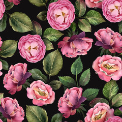 Watercolor shabby seamless pattern. Pink rose with leaves on dark background.