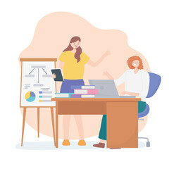 coworking, young women employees with board presentation laptop and books