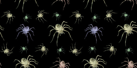 Fototapeta na wymiar Halloween spiders on black background. spider watercolor pattern. Seamless watercolor pattern for fabric, textile, wrapping paper.