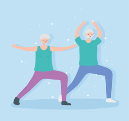 activity seniors, old man and woman stretching exercises sport