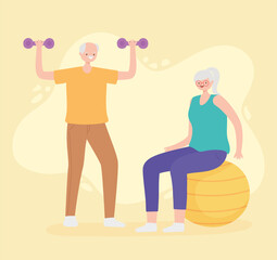 activity seniors, old couple practicing exercises with ball and dumbbells