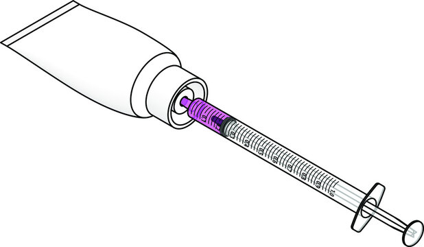 A graduated 1mL medicine dosage pipette / dropper / syringe drawing / extracting pink medication from a tube.