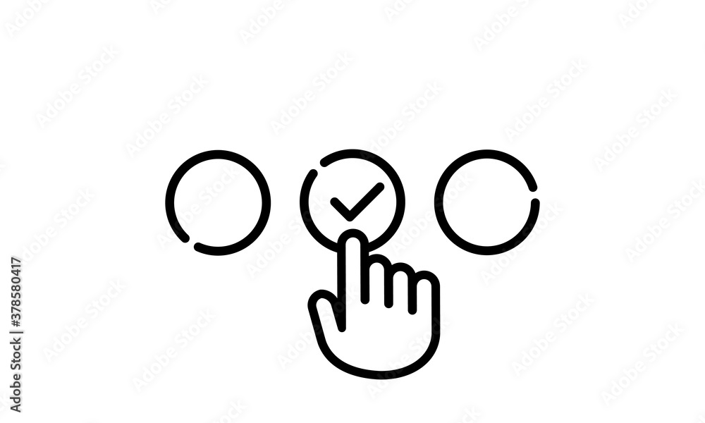 Poster choose the correct answer icon. hand cursor with check mark. vector on isolated white background. ep