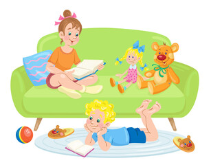 Happy children read books with a doll and a teddy bear. In a cartoon style. Isolated on white background. Vector flat illustration.