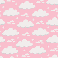 Seamless pattern. Clouds. White clouds pattern, pink background. Vector, flat illustration
