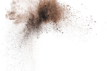 Brown powder explosion isolated on white background.