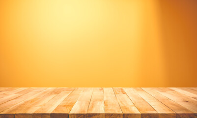 Empty of wood table top on yellow pastel color background