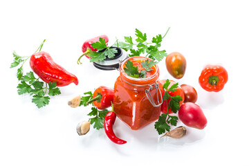 fresh natural homemade sauce made of peppers, tomatoes and other vegetables