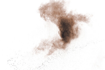 Brown powder explosion isolated on white background.