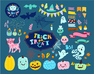 Set of halloween illustrations ghosts, pumpkins, horror, bats in vintage style. Trick or treat. Can be used for design templates for banners, frames, flyers for a terrible party. Vector.