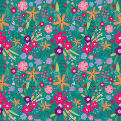 cute floral pattern with multicolored daisies on turquoise background