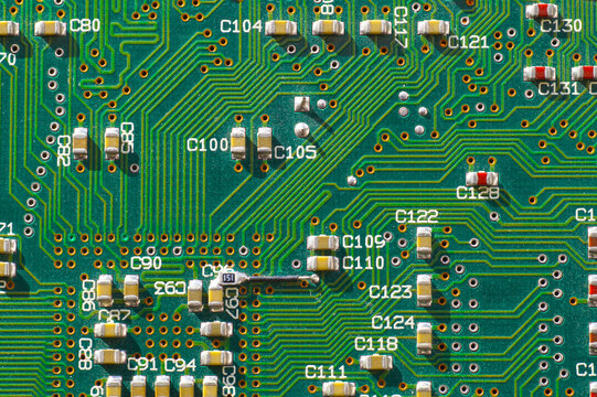 Printed circuit board showing surface mount components. Big close up.