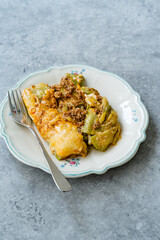 Healthy Zucchini Lasagna Bolognese Cooked with Courgette in Plate Portion.