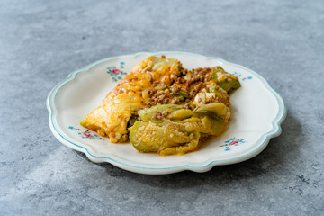 Healthy Zucchini Lasagna Bolognese Cooked with Courgette in Plate Portion.