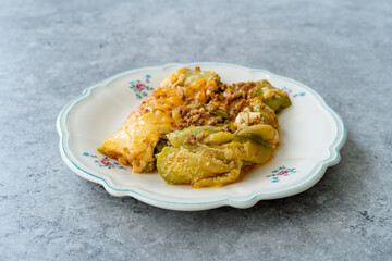 Naklejka premium Healthy Zucchini Lasagna Bolognese Cooked with Courgette in Plate Portion.