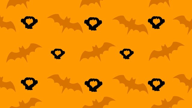 2D animation of Happy Halloween, a ghost appears on an orange background with bats from the word "boo".