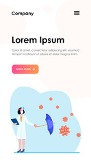 Nurse protecting from viruses attack. Physician, umbrella, prescription flat vector illustration. Medicine and healthcare concept for banner, website design or landing web page