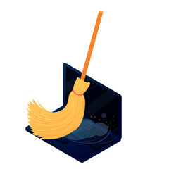 Cleaning and maintenance of isometric laptop. Notebook cleaning by broom. Vector concept illustration