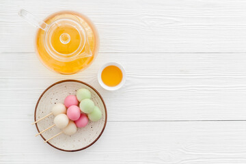 Asian dessert Dango rice dumplings and japanese tea
