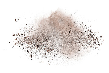 Brown powder explosion isolated on white background.