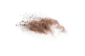 Brown powder explosion isolated on white background.
