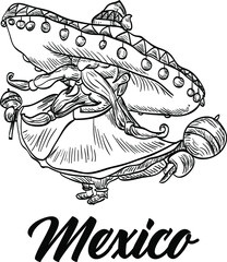 Cartoon Mexican man wearing a big sombrero hat