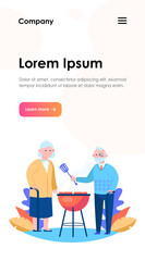 Senior couple cooking BBQ meat in garden. Old man with cane and spatula grilling steaks flat vector illustration. Leisure, summer, food concept for banner, website design or landing web page