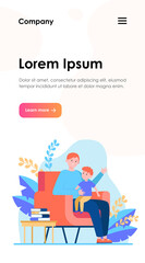 Son sitting on father knees and listening story. Armchair, book, dad flat vector illustration. Family and childhood concept for banner, website design or landing web page