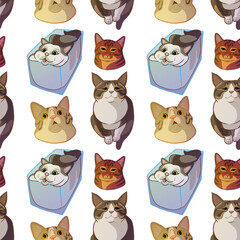 Funny cats on a white background, seamless pattern. Hand drawn illustration. 