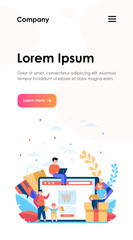 Happy people shopping online. Basket, tablet, customer flat vector illustration. E-commerce and digital technology concept for banner, website design or landing web page