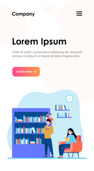Obraz na płótnie Canvas People reading and choosing books. Shelf, kid, family flat vector illustration. Hobby and home library concept for banner, website design or landing web page