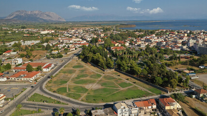 Fototapeta na wymiar Aeria drone photo of famous Garden of Heroes memorial park, an historical landmark in the heart of Messolongi town, Aitoloakarnania, Greece