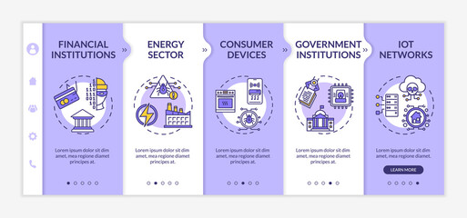 Systems at risk onboarding vector template. Financial, government institutions. IoT networks. Responsive mobile website with icons. Webpage walkthrough step screens. RGB color concept