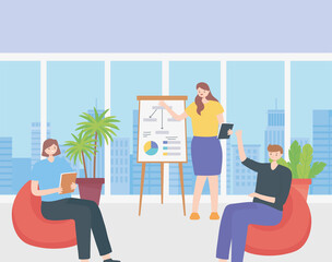 coworking, woman reports standing near presentation board and business people meeting