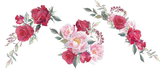 Watercolor bouquets of rose, peonies and herbs.