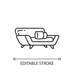 Comfortable couch linear icon. Contemporary living room furniture. Relaxing with comfort. Thin line customizable illustration. Contour symbol. Vector isolated outline drawing. Editable stroke